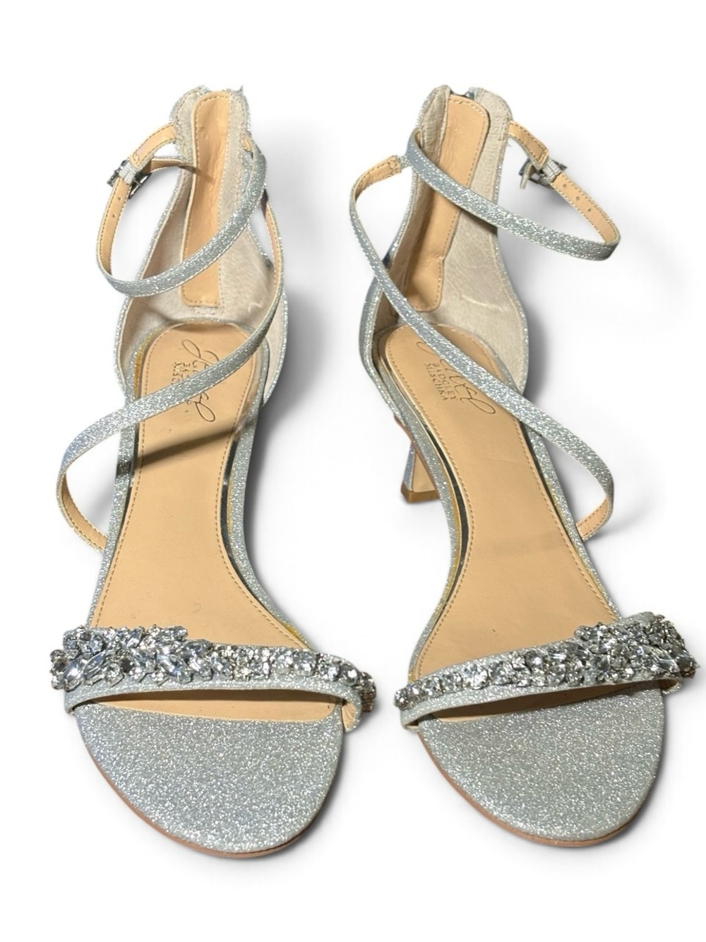 Jewel Badgley Mischka Dimitra Silver Glitter Evening Sandals. Size 9.5
Like new